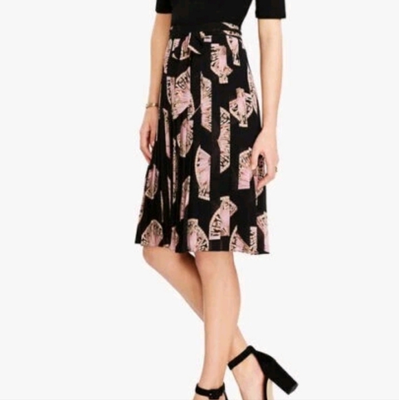 Ann Taylor Black Pink Fan Floral Pleated Side Tie Midi Skirt Sz 14 WSK147 - Picture 3 of 9